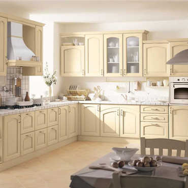 Угловая кухня с открытыми полками «Инфинити» в эмали цвета ваниль